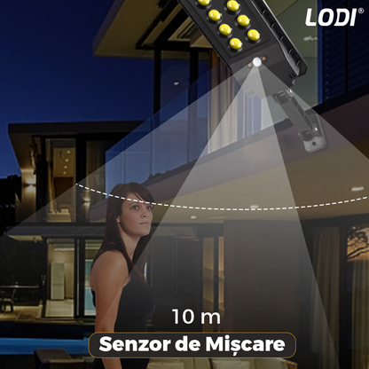 Lampa Solara Stradala 8 LED-uri Lodi865, tip bec, control prin telecomanda, senzor de miscare, 3 moduri de iluminare, protectie IP65, Waterproof, exterior, negru