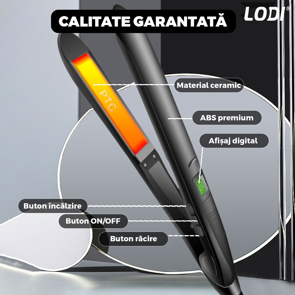 Placa profesionala de indreptat parul Lodi454,  invelis ceramic, display LCD, easy lock, setarea temperaturii, 230°, negru