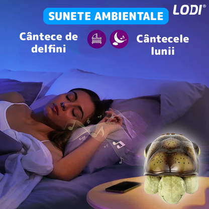 Lampa de Veghe Testoasa Lodi1430, proiector de lumini, 8 constelatii, lumina RBG, 2 cantece de adormit copiii, pufoasa si moale, mod inchidere automata, albastru