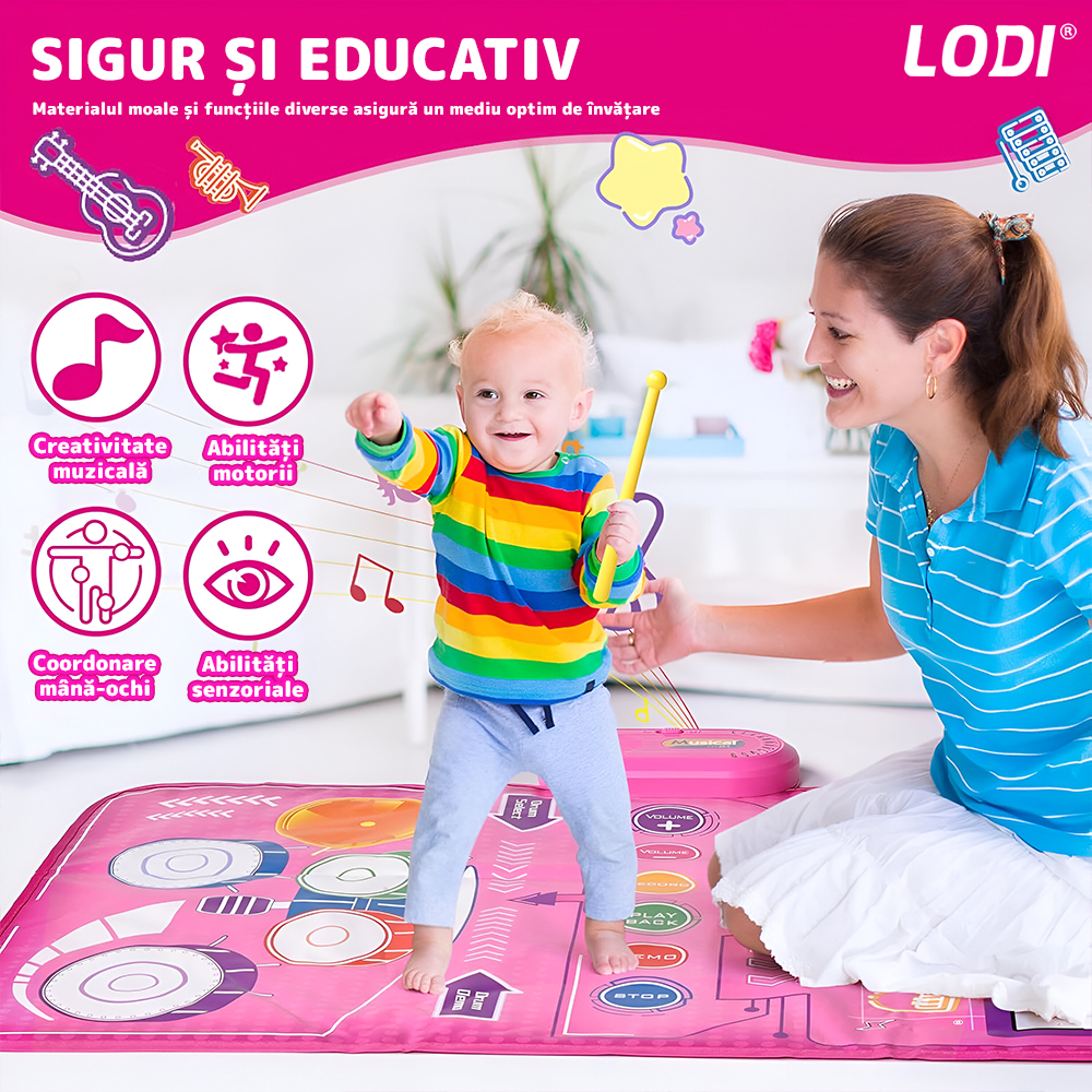 Covoras Muzical Interactiv pentru Copii Lodi1270, pian cu 8 clape, tobe, 5 instrumente muzicale incluse, acordeon, xilofon, chitara, vioara, trompeta, educational, usor de curatat, pliabil, roz