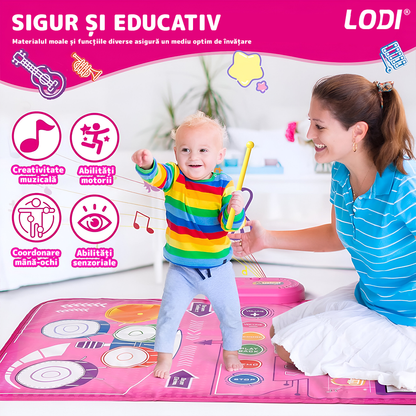 Covoras Muzical Interactiv pentru Copii Lodi1270, pian cu 8 clape, tobe, 5 instrumente muzicale incluse, acordeon, xilofon, chitara, vioara, trompeta, educational, usor de curatat, pliabil, roz