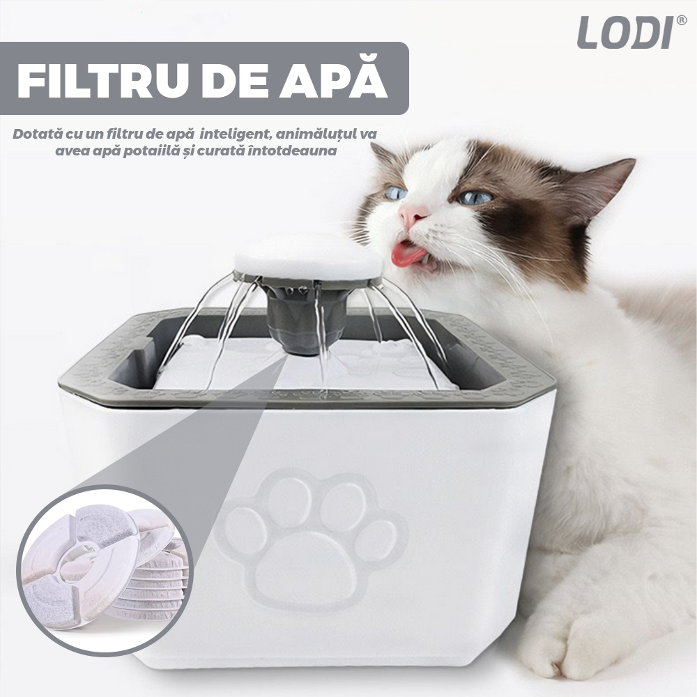 Dispenser de Apa Tip Fantana Lodi1506, ultra-silentios, pentru caini si pisici, filtru de carbon inclus, usor de utilizat, elimina bacteriile din apa, alimentare USB, desgin modern, alb