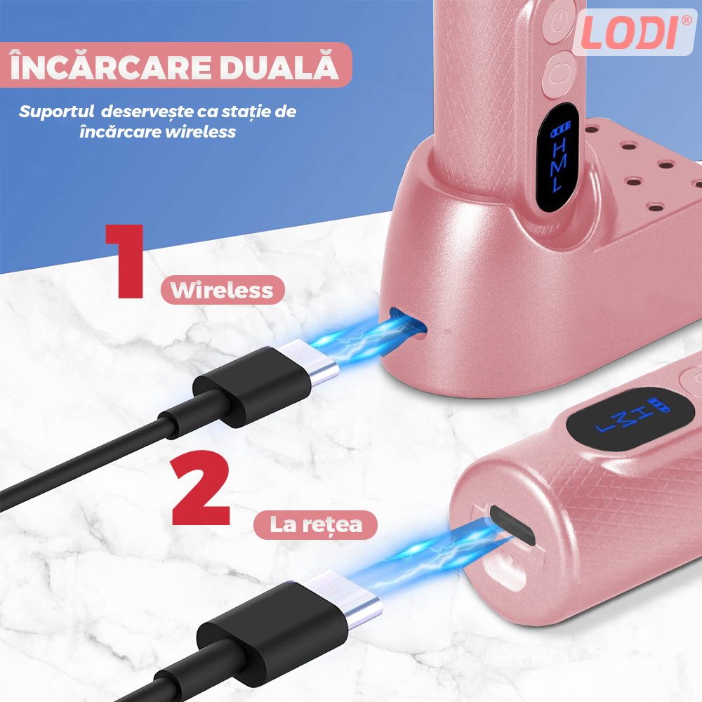 Pila Electrica Profesionala pentru Unghii Lodi1135, freză wireless, 18000 RPM, ecran LED, manichiura-pedichiura, 12 capete pentru pila, 36 benzi de slefurie, portabila, roz