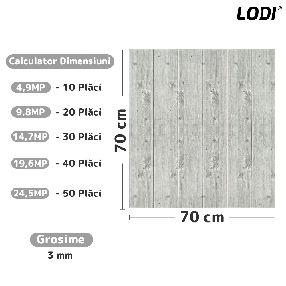 Set Tapet Panou 3D Lodi93, Model Lemn, suprafata acoperire 4.9 mp, autoadeziv, waterproof, usor de montat, design modern, 70x70 cm, gri