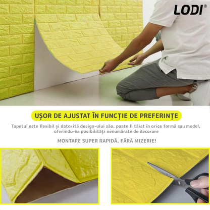 Set Tapet Caramida 3D Lodi55, suprafata acoperire 5.3 mp, autoadeziv, waterproof, usor de montat, design modern, 70x77 cm, galben