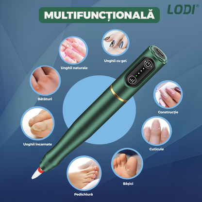 Pila Electrica Profesionala pentru Unghii Lodi1138, freza wireless, 18000 RPM, ecran LED, manichiura-pedichiura, 12 capete pentru pila, 36 benzi de slefurie, portabila, verde