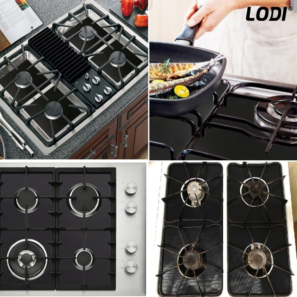 Set 4 Folii Protectie Teflon Lodi88, pentru aragaz sau plita, detasabile, ajustabile, usor de curatat, anti-aderente, negru
