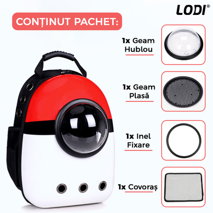 Rucsac Transport Animale Lodi46, greutate Max 7kg, hublou transparent, buzunar lateral, accesorii incluse, pentru talie mica, model Pokeball, rosu