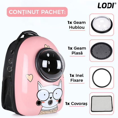Rucsac Transport Animale Lodi22, greutate Max 7kg, hublou transparent, buzunar lateral, accesorii incluse, pentru talie mica, model Pisica, roz
