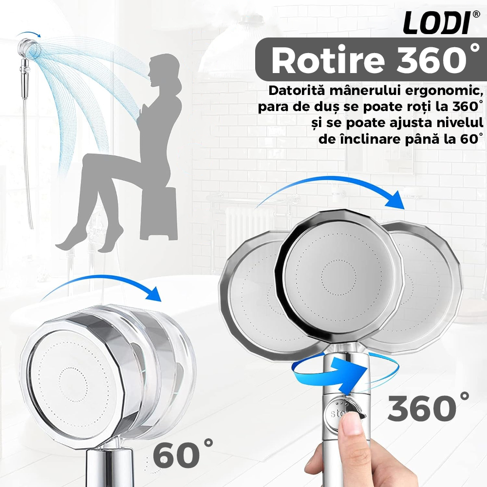Para de Dus Turbo Lodi197, 2 filtre extra, buton On/Off, presiune ajustabila, filtrare apa, jet uniform, cap Rotativ 360°, argintiu