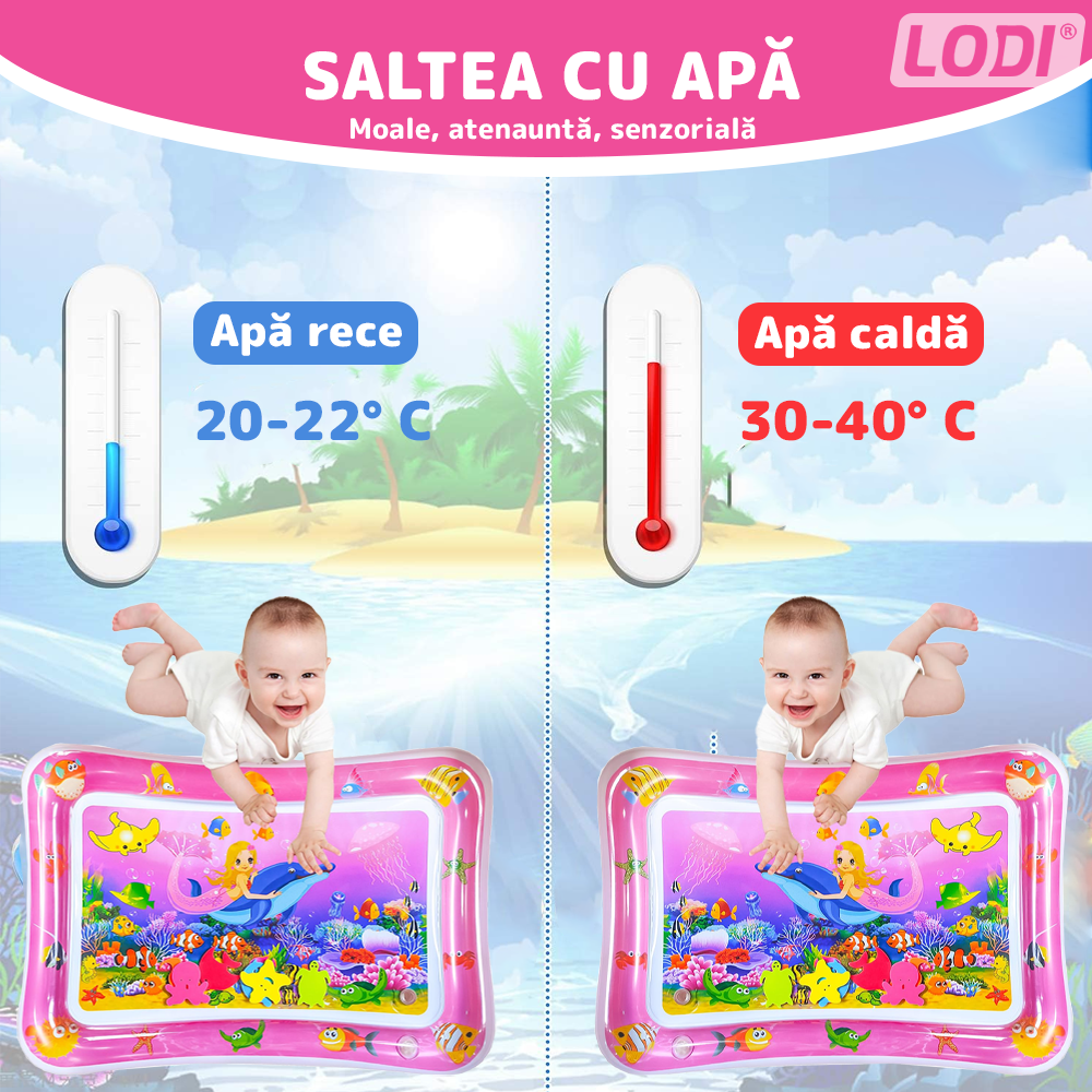 Saltea cu Apa pentru Bebelusi Lodi1207, centru de activitati si joaca, gonflabila, umpluta cu lichid, jucarii senzoriale tip animale marine, design distractiv, roz