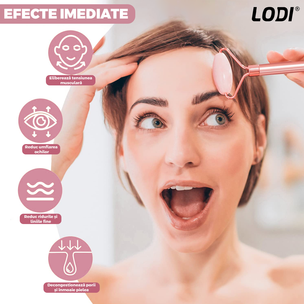 Set 3 Accesorii pentru Masaj Facial Lodi655, cu aparat face roller, piatra gua sha, pensula pentru aplicarea cosmeticelor, rezultate vizibile, piatra naturala  din quartz roz