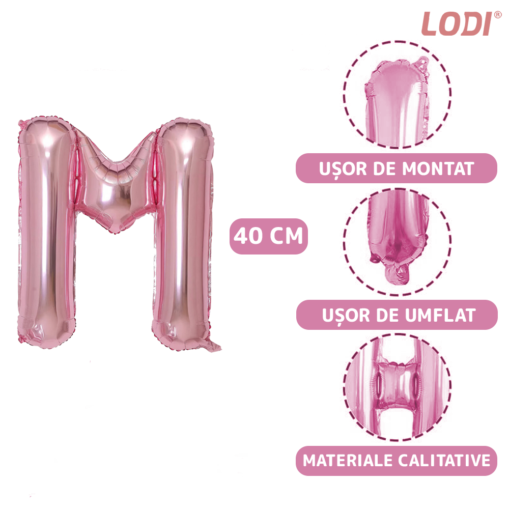 Balon in Forma de Litera M Lodi1475, metalizat, pentru Petreceri/Aniversari/Evenimente, rezistent, folie, roz, 40 cm