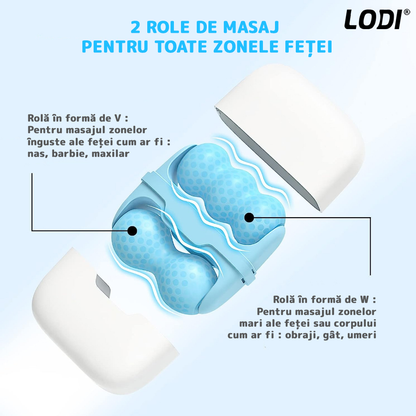 Rola de Masaj cu Gheata Lodi50, Ice Roller, 2 capete W si V, anti-aging, ingrijirea tenului, tonifiere, albastru/alb