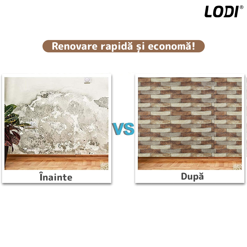 Set Tapet Caramida 3D Lodi239, Model Piatra Cubica, suprafata acoperire 5.3 mp, autoadeziv, waterproof, usor de montat, design modern, 70x77 cm, maro deschis