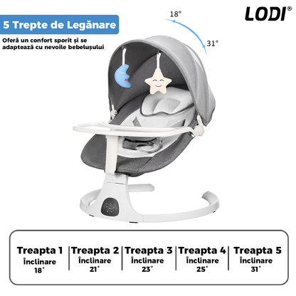 Leagan Electric Lodi986, conectivitate Bluetooth, control tactil, telecomanda, tava detasabila, acoperis rabatabil, plasa protectie tantari pentru bebelusi, jucarii, muzica, gri/alb