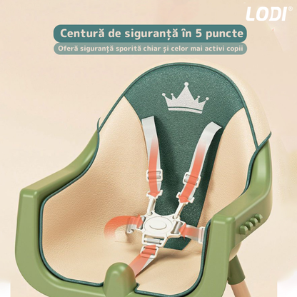 Scaun de Masa 3in1 pentru Bebelusi si Copii  Lodi91, inaltime ajustabila, centura de siguranta in 5 puncte, tavita reglabila si detasabila, loc depozitare jucarii, verde