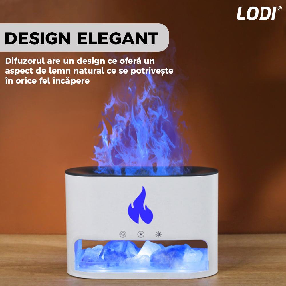 Difuzor Aromaterapie Lodi593, efect flacara, 4 culori LED, capacitate 250ml, cristale de sare de himalaya, silentios, umidifica aerul, alb