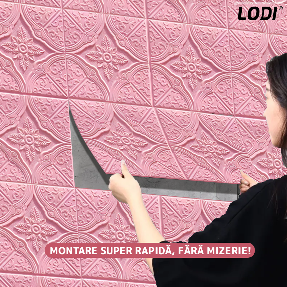Set 10x Tapet 3D Lodi799, suprafata acoperire 4.9 mp, autoadeziv, Model Floral Diamant, perete/tavan, waterproof, usor de montat, design modern, 70x70 cm, roz