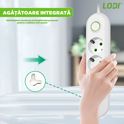 Prelungitor Lodi1276, 3 prize, 3 porturi USB, intrerupator, suport de agatare incorporat, rezistent la temperaturi inalte, universal, lungime 2 metri, alb