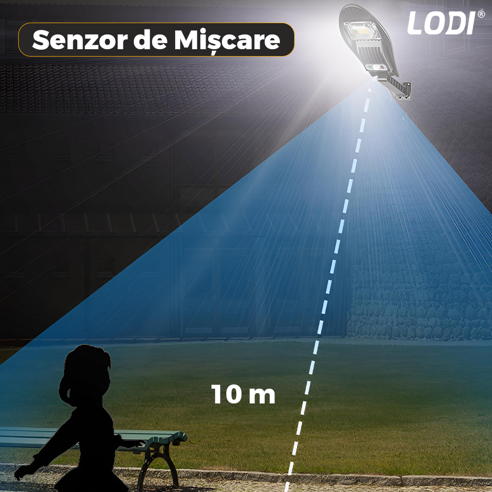 Lampa Solara Stradala 42 LED-uri Lodi867, rotunda, control prin telecomanda, senzor de miscare, 3 moduri de iluminare, protectie IP65, Waterproof, exterior, negru