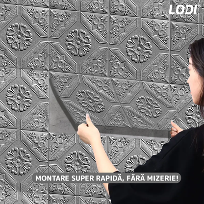 Set 10x Tapet 3D Lodi779, suprafata acoperire 4.9 mp, autoadeziv, Model Floral Carou, perete/tavan, waterproof, usor de montat, design modern, 70x70 cm, gri