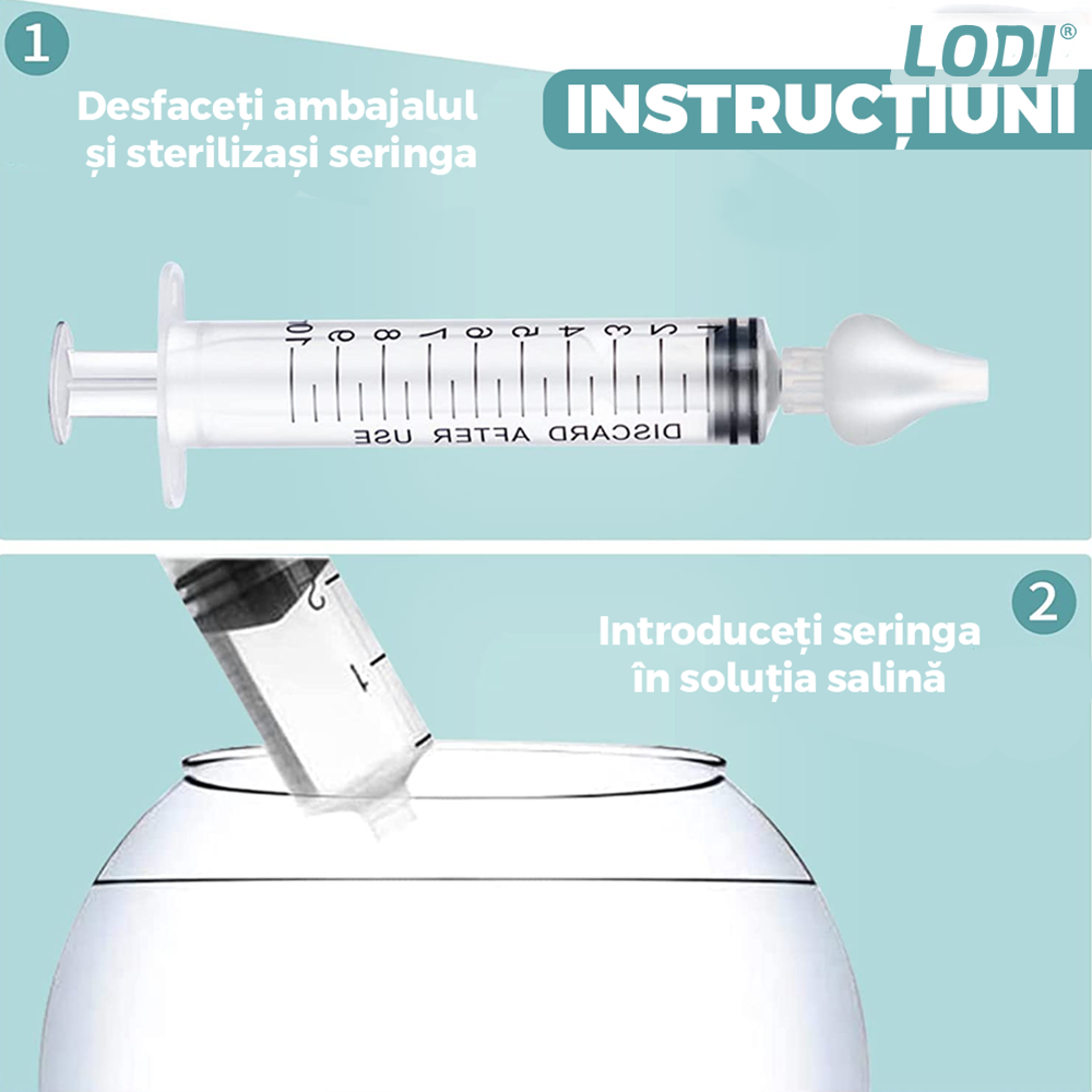 Set 2 Bucati Irigator / Dus Lavaj Nazal Lodi528, dispozitiv curatare sinusuri si decongestie nazala, cap din silicon, 10ml, transparent