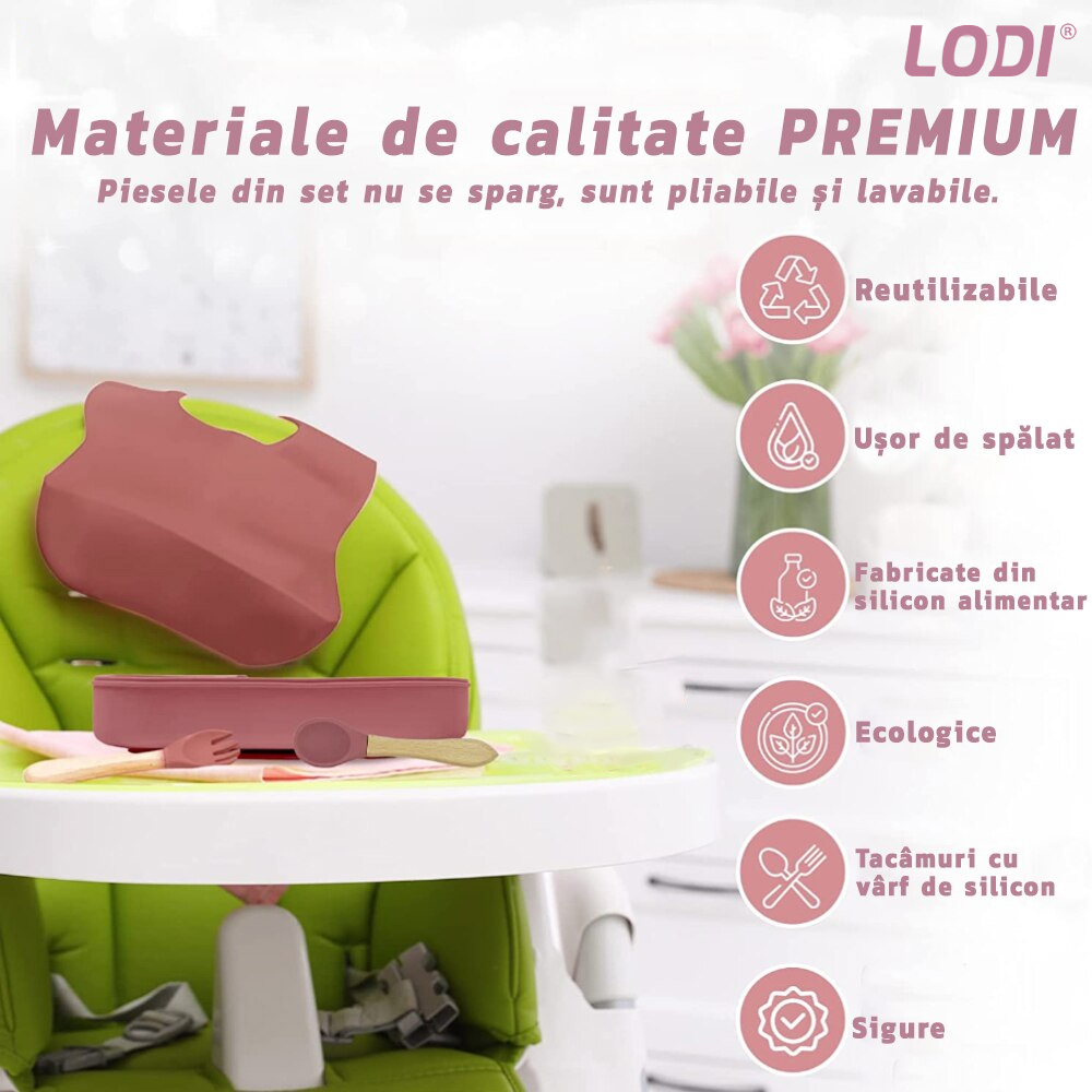 Set Hranire Bebeulsi Lodi249, 5 piese, termorezistente, silicon, fara BPA, pliabile, usor de curatat, roz blush