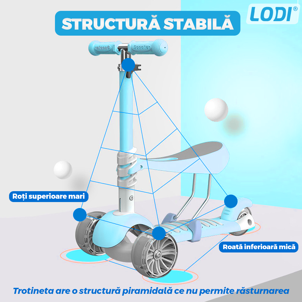 Trotineta pentru Copii 2 in 1 Lodi1112, scaunel incorporat, lumini,3 roti, cosulet frontal, anti-aluncare, inaltime ajustabila, stabila, frana, incorporata, 3-11 ani, albastru