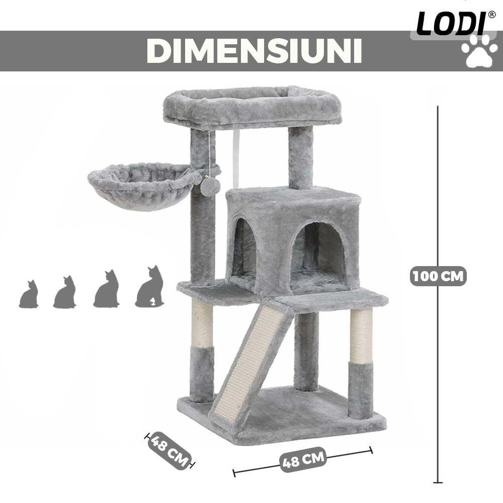 Ansamblu de Joaca pentru Pisici Lodi624, tip turn,1 platforma de observatie, 3 niveluri, 1 casuta, scara, hamac, franghie si mingiuta de joaca, stalpi pentru zgariat, captuseala extra moale, structura stabila, 96 cm, gri deschis