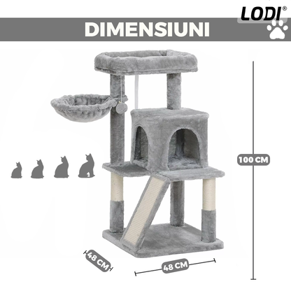 Ansamblu de Joaca pentru Pisici Lodi624, tip turn,1 platforma de observatie, 3 niveluri, 1 casuta, scara, hamac, franghie si mingiuta de joaca, stalpi pentru zgariat, captuseala extra moale, structura stabila, 96 cm, gri deschis