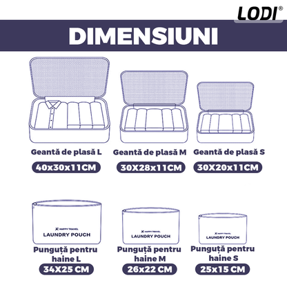 Set 6 Organizatoare Lodi671, pentru calatorie, diferite marimi, bagaj de voiaj, valiza, troler, genti, haine, accesorii, inchidere cu fermoar dublu, plasa, albastru inchis