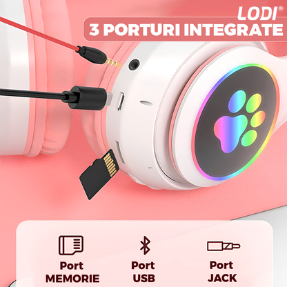Casti Wireless Model Pisica Lodi945, STN-28, overear, urechi de pisica cu iluminare RGB, bluetooth 5.0, handsfree, HiFi, bass stereo, roz