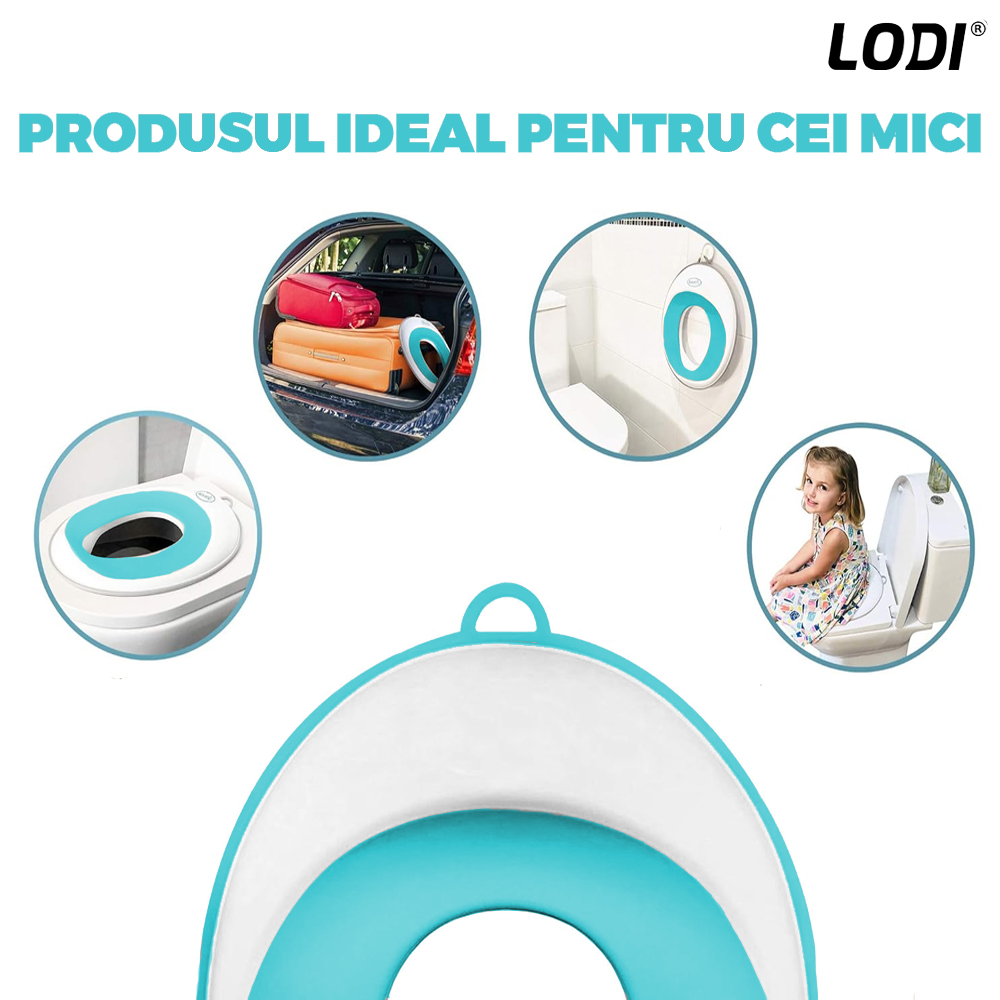 Reductor WC Copii Lodi650, suprafata antiderapanta, confortabil, protectie impotriva stropilor, compatibilitate universala, inel de prindere, portabil, alb/albastru