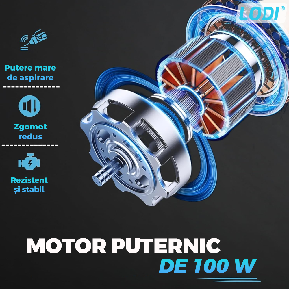 Aspirator Auto 4 in 1 Lodi1179, portabil, multifunctional, wireless, compresor anvelope. manometru, lanterna LED, aspirare umeda/uscata, vacuum 6000 mbar, putere motor 100W,  afisaj digital, negru