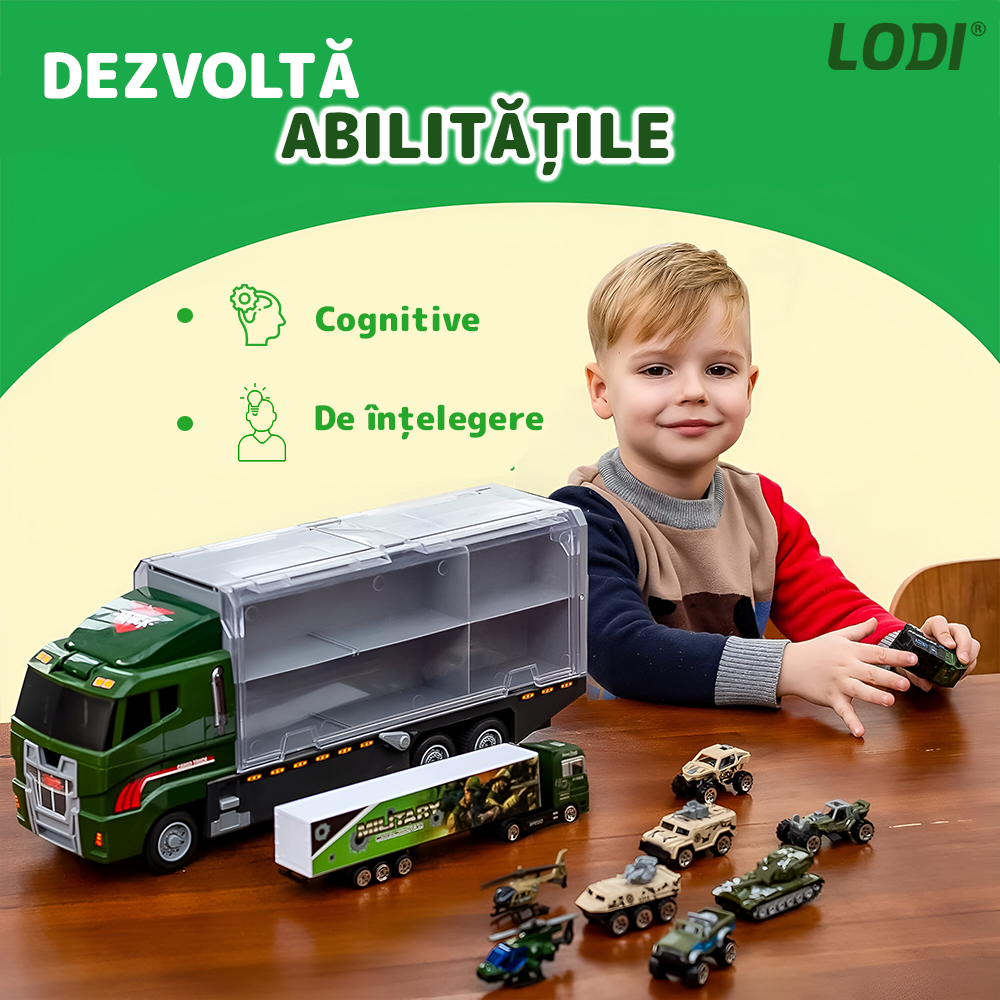 Set Camion Trailer de Jucarie pentru Transport Lodi1166, seria armata, 10 masinute incluse, jeep, tanc, tir, elicopter, accesorii mobile, lansator si rampa frontala, platforma tractare, verde