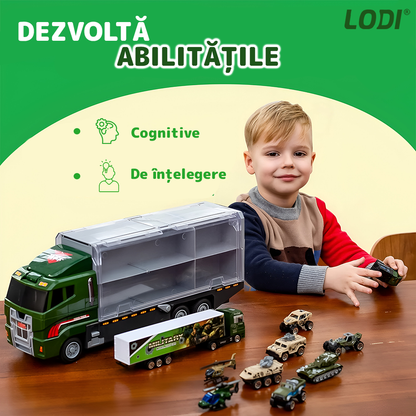 Set Camion Trailer de Jucarie pentru Transport Lodi1166, seria armata, 10 masinute incluse, jeep, tanc, tir, elicopter, accesorii mobile, lansator si rampa frontala, platforma tractare, verde