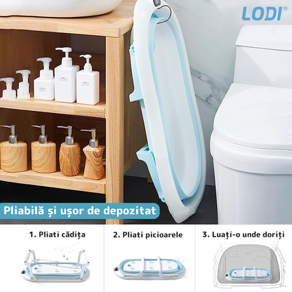 Cadita cu Pernuta pentru Bebelusi Lodi42, termometru digital incorporat, pliabila, dop de scurgere, picioare anti-alunecare, design ergonomic, 75 x 45 x 22 cm, albastru