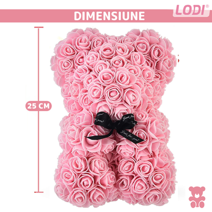Ursulet din Trandafiri de Spuma Lodi331, floral roz, handmade, cutie transparenta, 25 cm