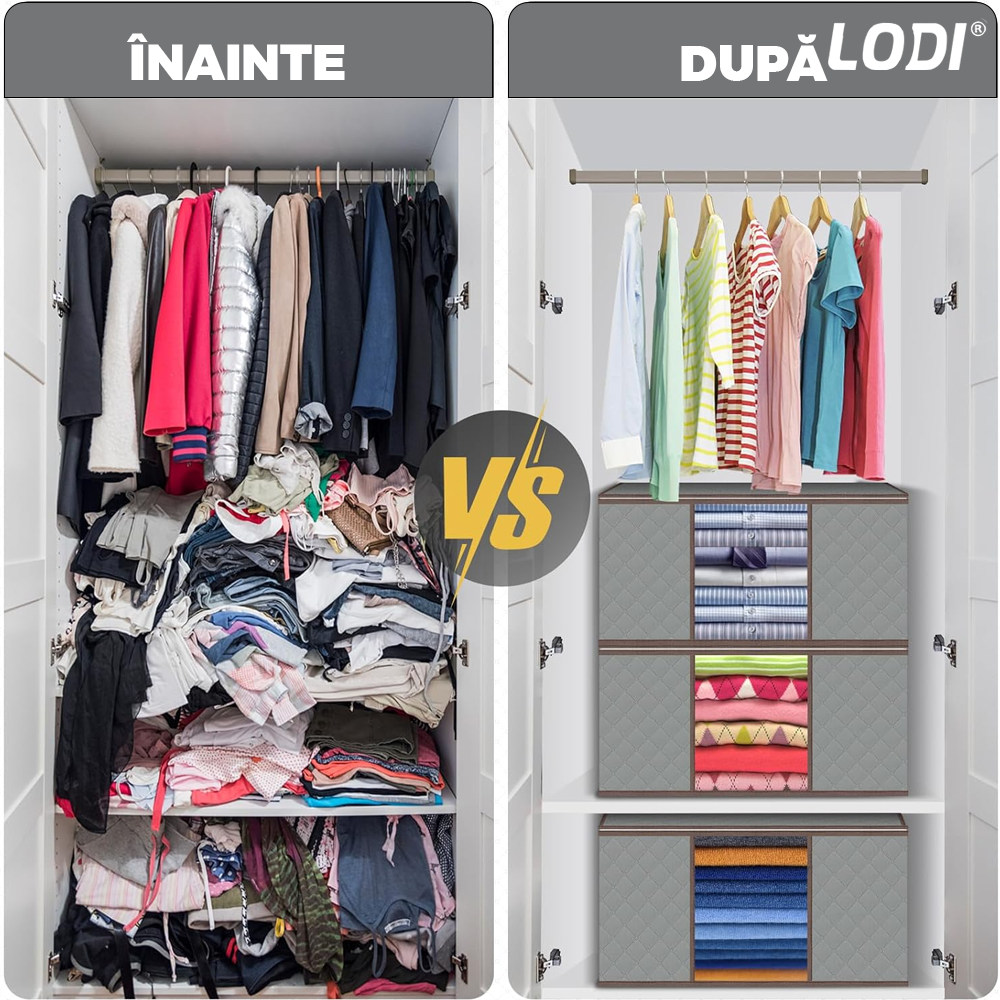 Set 3 Cutii pentru Depozitare si Organizare Lodi1054, 3 dimensiuni, pliabile, maner ranforsat si fereastra transparenta, pentru haine/paturi/ plapumi/ perne/ lenjerii de pat/jucarii, 60 L / 84 L / 105 L, gri deschis