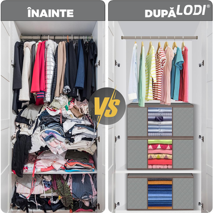 Set 3 Cutii pentru Depozitare si Organizare Lodi1054, 3 dimensiuni, pliabile, maner ranforsat si fereastra transparenta, pentru haine/paturi/ plapumi/ perne/ lenjerii de pat/jucarii, 60 L / 84 L / 105 L, gri deschis