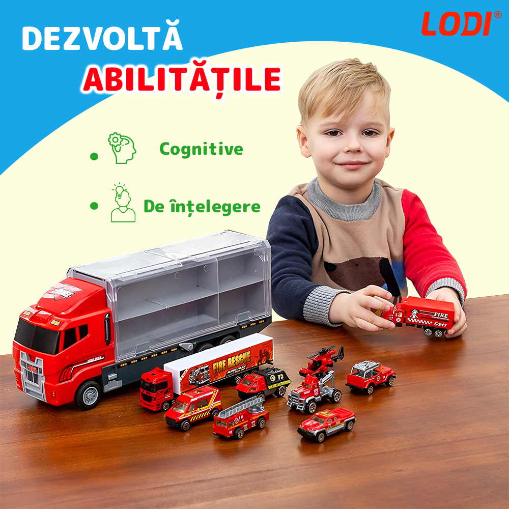 Set Camion Trailer de Jucarie pentru Transport Lodi1164, seria pompieri, 10 masinute incluse, ambulanta, utilaje, tir, accesorii mobile, lansator si rampa frontala, platforma tractare, rosu