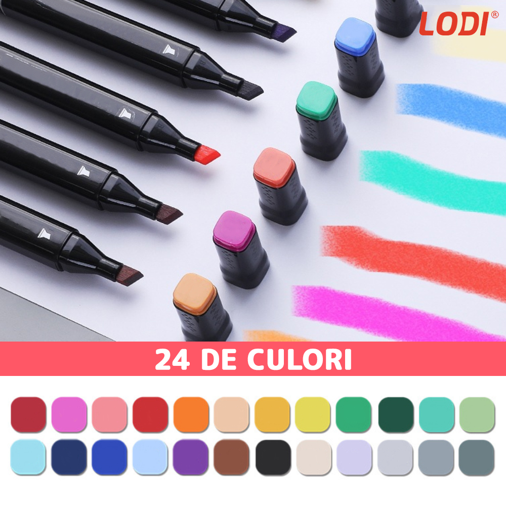 Set 24 Markere Lodi14, geanta de depozitare inclusa, 2 tipuri de varf, pe baza de alcool, culori intense, multicolor