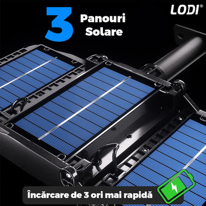 Lampa Solara Stradala 6 LED-uri Lodi874, 3 capete, control prin telecomanda, senzor de miscare, 3 moduri de iluminare, protectie IP65, Waterproof, exterior, negru