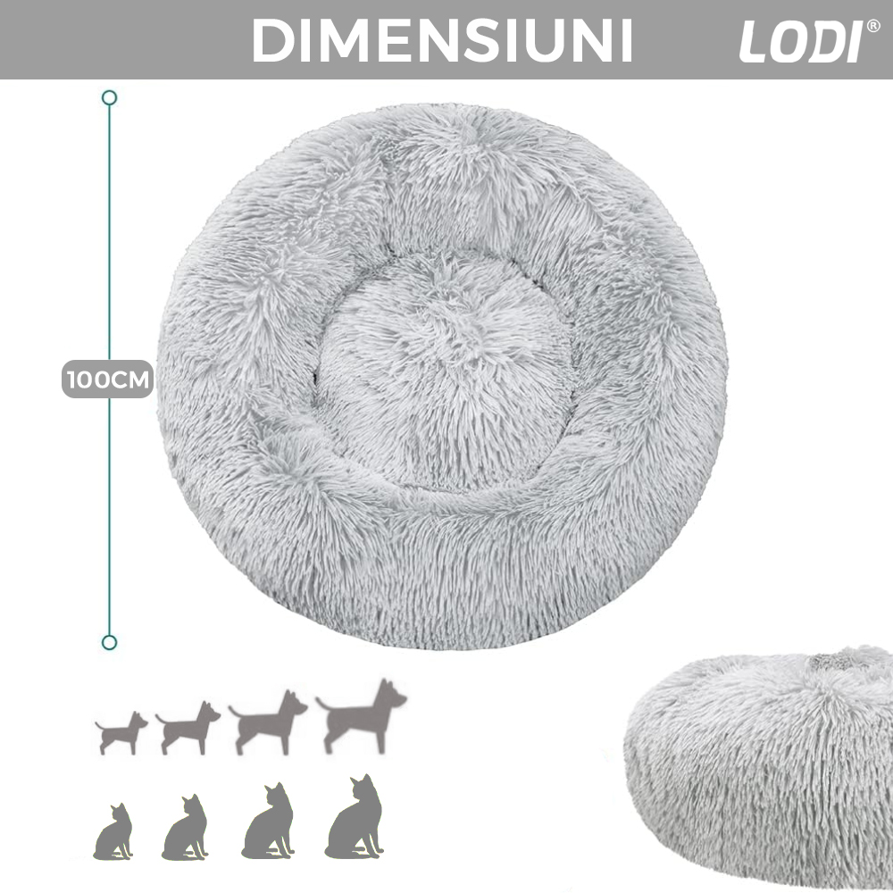 Pat Animale Lodi49, captusit, moale, pufos si calduros, pentru caini si pisici, diametru 100cm, baza anti-alunecare, gri