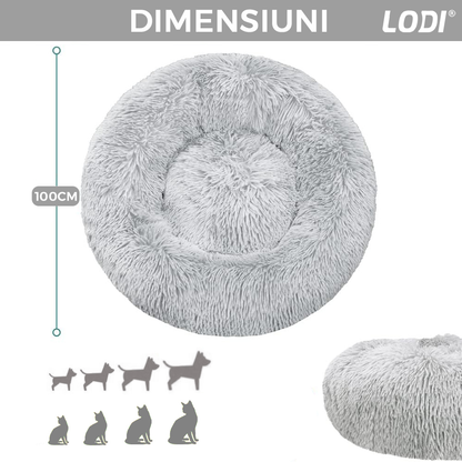 Pat Animale Lodi49, captusit, moale, pufos si calduros, pentru caini si pisici, diametru 100cm, baza anti-alunecare, gri