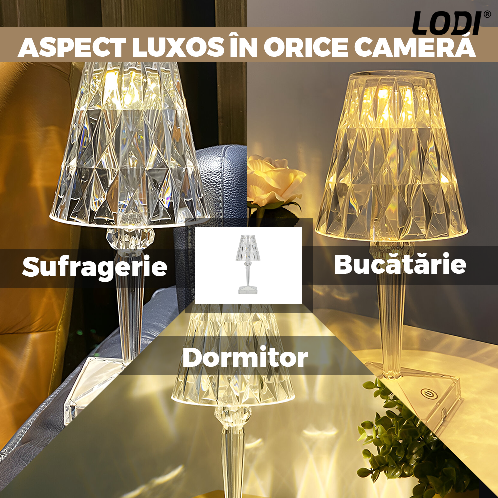 Lampa Ambientala Cristal LED Lodi1219, veioza, portabila, 3 moduri de iluminare, intensitate ajustabila, tactila, incarcare USB