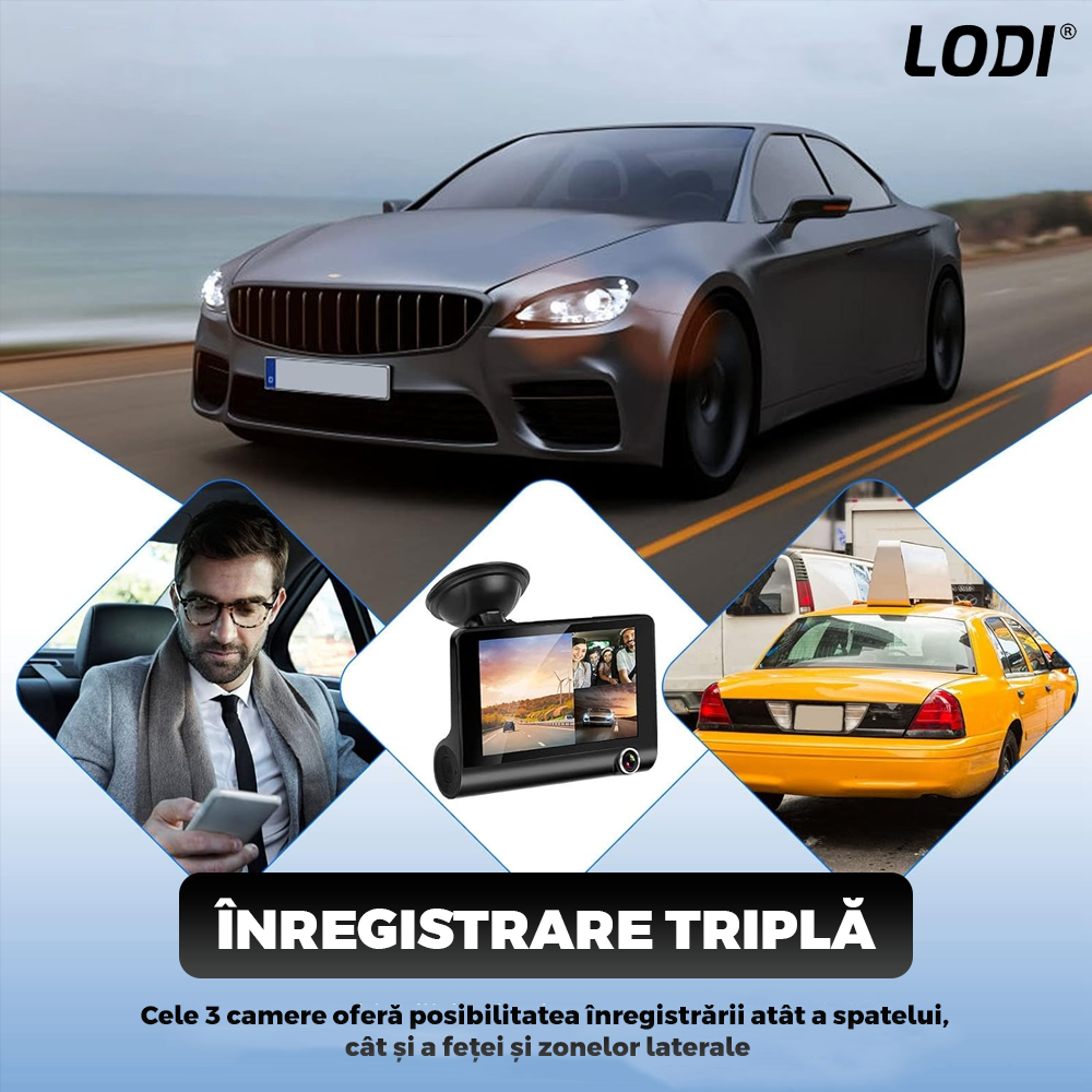 Camera Auto Tripla Lodi1498, fata, spate, interior, laterale, vizualizare unghi de 140°, camera marsarier, ecran de 4”, LED, full HD 1080p, loop recording, negru