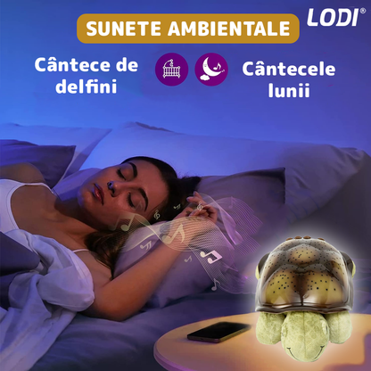 Lampa de Veghe Testoasa Lodi1424, proiector de lumini, 8 constelatii, lumina RBG, 2 cantece de adormit copiii, pufoasa si moale, mod inchidere automata, galben/verde