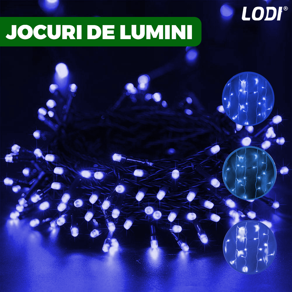 Instalatie de Craciun Liniara Lodi1438, 240 LED-uri, 8 jocuri de lumini, alimentare la priza, interior/exterior, rezistenta la apa, 50 m, albastru
